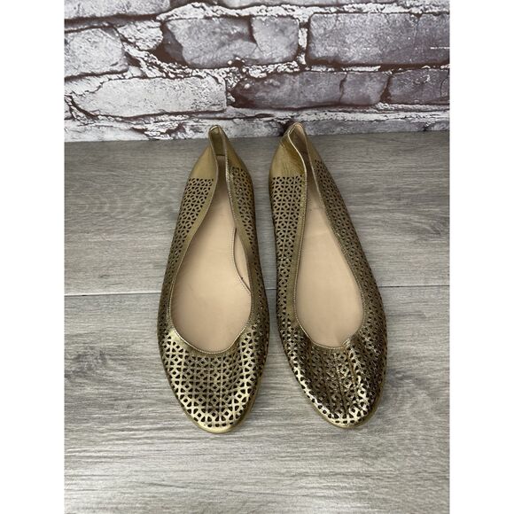 J.Crew Nora Metallic Gold Leather Perforated Ballet Flats Women’s Sz 10M US/41EU - Picture 2 of 16